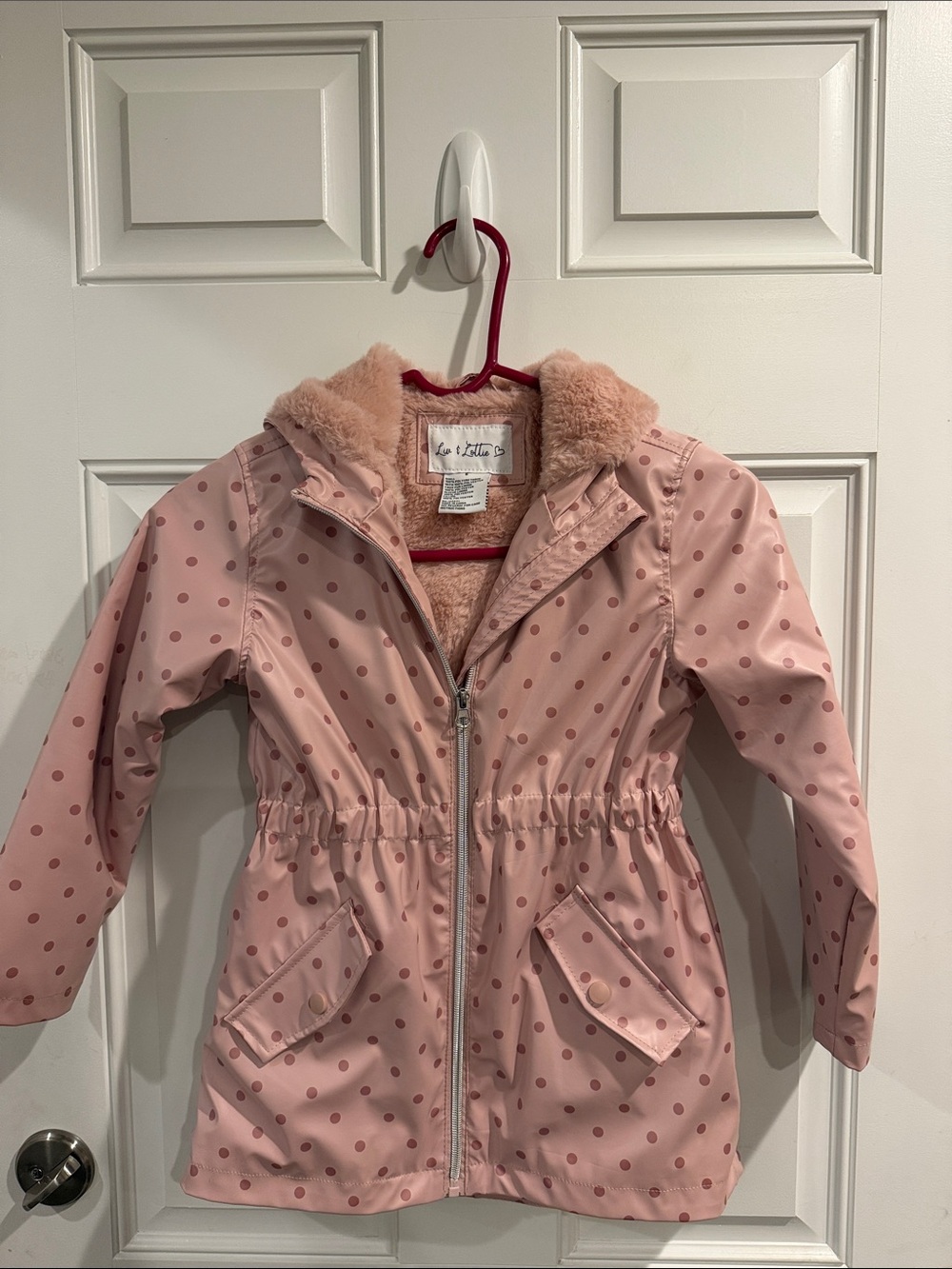 Little Girls' Pink Polka Dot Hooded Raincoat with Faux-Fur Trim
